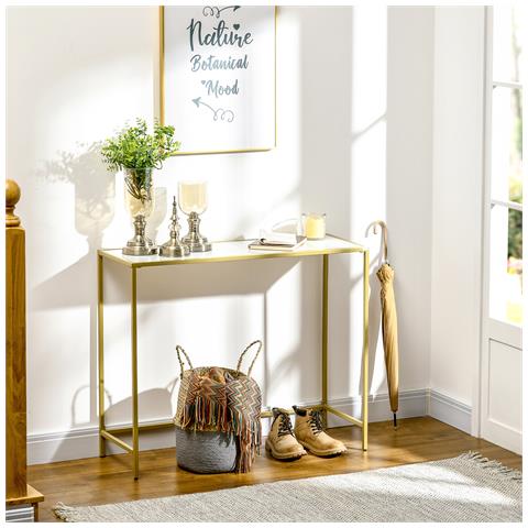 Mobile Consolle Da Ingresso In Acciaio E Vetro Temperato, 100x35.5x80cm, Bianco E Oro - Foto 2