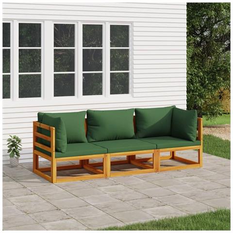 Set Salotto da Giardino 3pz con Cuscini Verdi in Legno Massello - Foto 2