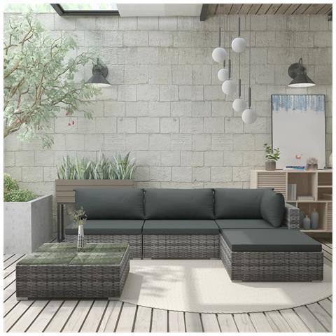 Set Divani Da Giardino 5 Pz Con Cuscini In Polyrattan Grigio - Foto 8
