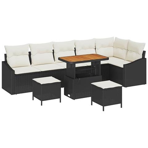 Set di divani da giardino 9 pezzi con cuscini in polyrattan nero e acacia, Divano da giardino 2 posti con cuscini in polyrattan nero, Set di soggiorno da giardino 3 pezzi con cuscini in polyrattan nero e acacia - Foto 1
