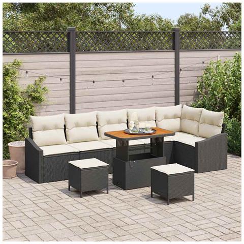 Set di divani da giardino 9 pezzi con cuscini in polyrattan nero e acacia, Divano da giardino 2 posti con cuscini in polyrattan nero, Set di soggiorno da giardino 3 pezzi con cuscini in polyrattan nero e acacia - Foto 2