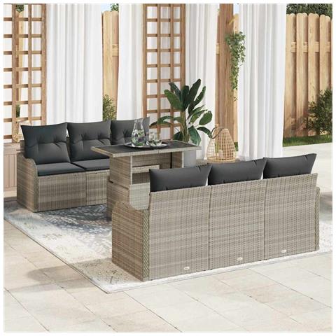 Set Divano da Giardino 7 Pezzi con Cuscini Grigio Chiaro Rattan Polietilene, Divano da Giardino 2 Posti con Ripostiglio e Cuscini Grigio Chiaro Rattan Polietilene - Foto 2