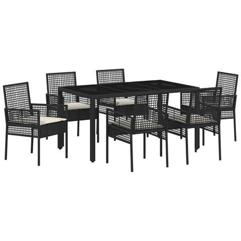 Set da Pranzo da Giardino 7 Pezzi con Cuscini Nero Poly Rattan - Foto 1