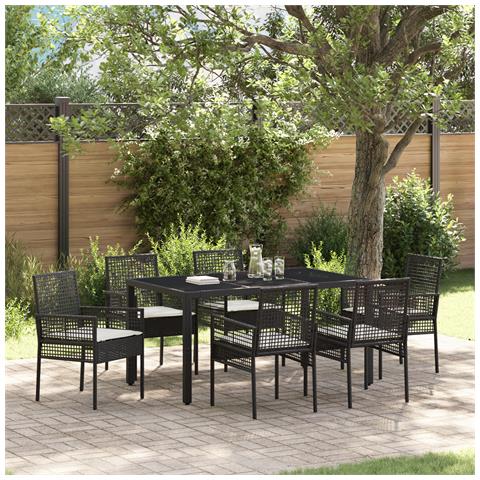 Set da Pranzo da Giardino 7 Pezzi con Cuscini Nero Poly Rattan - Foto 2