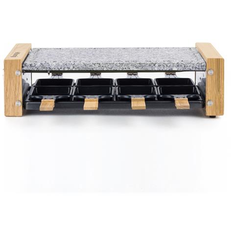 WOD8 Raclette multifunzione per 8 persone, Design in legno naturale, pietra di granito rimovibile, 8 padelle antiaderenti, 8 spatole in legno - Foto 1