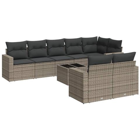 Set Divano da Giardino 9 pz con Cuscini Grigio in Polyrattan - Foto 1