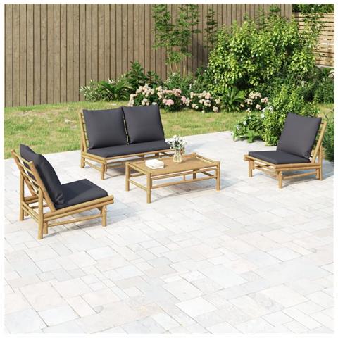 Set Salotto da Giardino 4pz con Cuscini Grigio Scuro Bambù - Foto 2