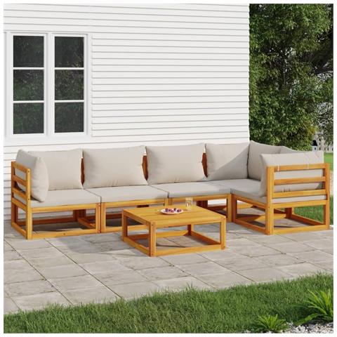 Set Salotto Giardino 6pz Cuscini Grigio Chiaro Legno Massello - Foto 2
