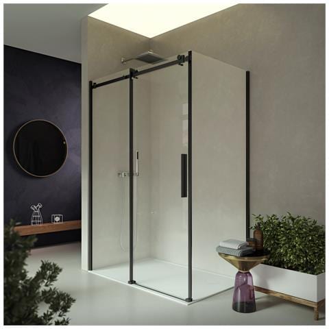 Box Doccia 2 Lati 80x90 Cm H200 Cm Da 8mm Profilo Nero Opaco: Lato Fisso + Porta Scorrevole Laterale Erika - Foto 1