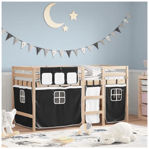 Letto a Soppalco Bambini con Tende Bianco e Nero 90x190 cm Pino - Foto 2