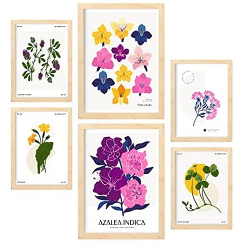 Set Di 6 Stampe Fiori Scala Cromatica Stampe Naturali E Botaniche Per L'interior Design A3 & A4 Telaio In Legno Chiaro - Foto 1