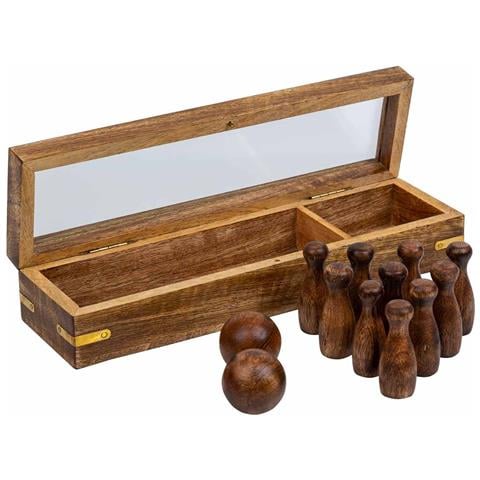 Gioco Di Bowling (10 Pezzi + 2 Palline) In Scatola Di Legno Marrone 25,5x7x5h - Foto 1