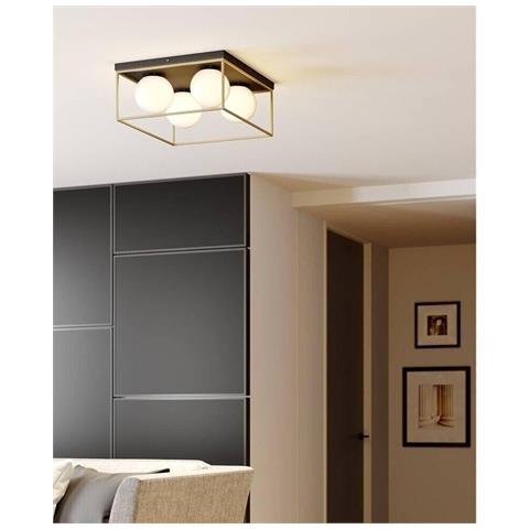 Plafoniera Da Soffitto 4 X Sfera In Vetro Bianco Lampadario Metallo Nero Bronzo - Foto 1