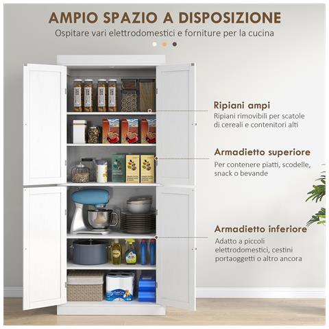 Mobile Cucina Alto con 6 Ripiani Regolabili e 2 Ante in Legno, 76x40.5x184 cm, Bianco - Foto 6