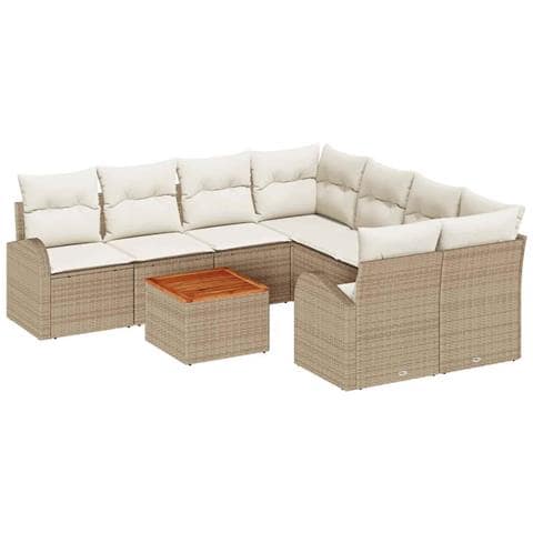 Set di divani da giardino  a 9 pezzi con cuscini beige in polyrattan e acacia, Divano da giardino a 2 posti  con vano e cuscini beige in polyrattan - Foto 1