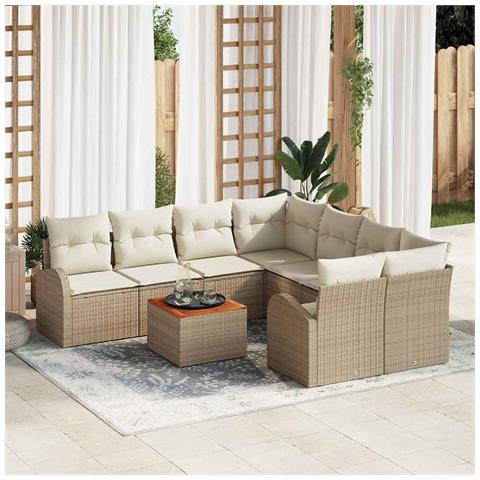 Set di divani da giardino  a 9 pezzi con cuscini beige in polyrattan e acacia, Divano da giardino a 2 posti  con vano e cuscini beige in polyrattan - Foto 2