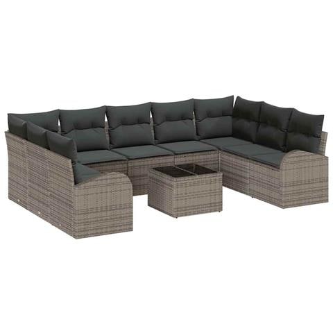 Set di divani da giardino 9 pezzi con cuscini in polyrattan nero, Divano da giardino 2 posti con contenitore e cuscini in polyrattan grigio - Foto 1