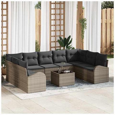 Set di divani da giardino 9 pezzi con cuscini in polyrattan nero, Divano da giardino 2 posti con contenitore e cuscini in polyrattan grigio - Foto 2