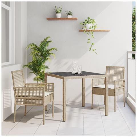 Set da pranzo da giardino 3 pezzi con cuscini in polyrattan beige - Foto 2