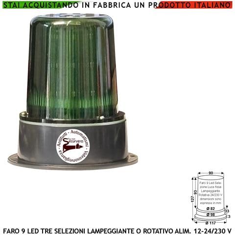 Faro Verde 9 Led Su 3 Steli Luce Fissa Lampeggiante O Rotante Aliment. 12/24/230 V Montaggio A Palo O Parete Uso Come - Foto 1