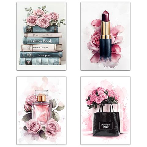Set Di 4 Stampe Trucco Cosmetici Quadros Bellezza Fiori Borsa Profumo Rossetto Illustrazione Per Decorare Le Pareti Toilette Salone Senza Cornice A3 - Foto 1