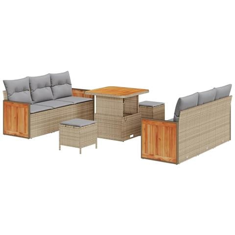 Set di divani da giardino  a 9 pezzi con cuscini Beige Polirattan Acacia, Divano da giardino a 2 posti  con cuscini Beige Polirattan, Set da pranzo da giardino a 3 pezzi con cuscini Beige Polirattan Acacia - Foto 1