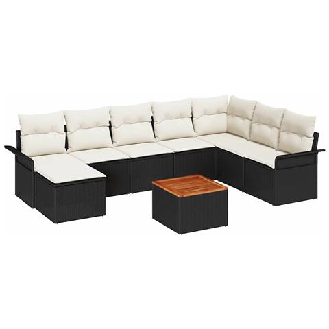 Set di divani da giardino 9 pezzi con cuscini in rattan nero e acacia - Foto 1