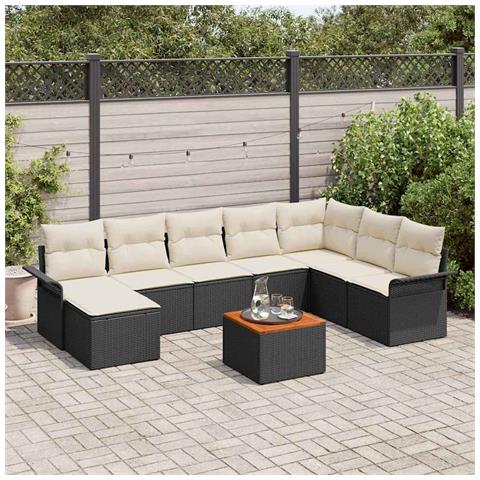 Set di divani da giardino 9 pezzi con cuscini in rattan nero e acacia - Foto 2