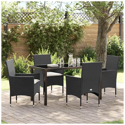 Set da Pranzo per Giardino con cuscino 5 pcs Nero Poly Rattan - Foto 2