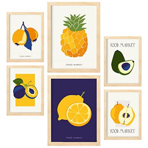 Set Di 6 Stampe Cibo E Nutrizione Frutti Tropicali Natura E Stampe Botaniche Per L'interior Design A3 & A4 Telaio In Legno Chiaro - Foto 1