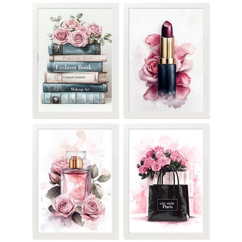 Set Di 4 Stampe Trucco Cosmetici Quadros Bellezza Fiori Borsa Profumo Rossetto Illustrazione Per Decorare Le Pareti Toilette Salone Cornice Bianca A3 - Foto 1
