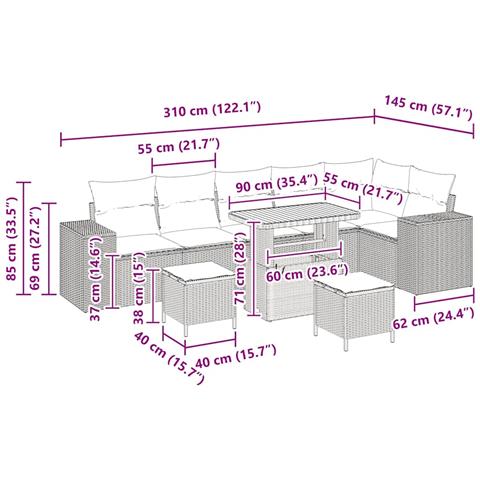 Set di Divani da Giardino  a 9 Pezzi con Cuscini Grigi in Polyrattan e Acacia, Set di Pranzo da Giardino  a 3 Pezzi con Cuscini Grigi in Polyrattan e Acacia - Foto 8