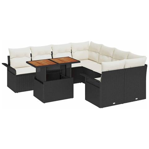 Set di Divani da Giardino 9 Pezzi con Cuscini in Rattan Nero, Divano Giardino 2 Posti con Spazio di Archiviazione e Cuscini in Rattan Nero - Foto 1