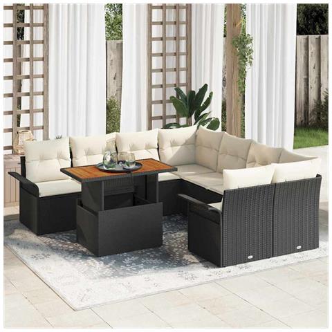 Set di Divani da Giardino 9 Pezzi con Cuscini in Rattan Nero, Divano Giardino 2 Posti con Spazio di Archiviazione e Cuscini in Rattan Nero - Foto 2