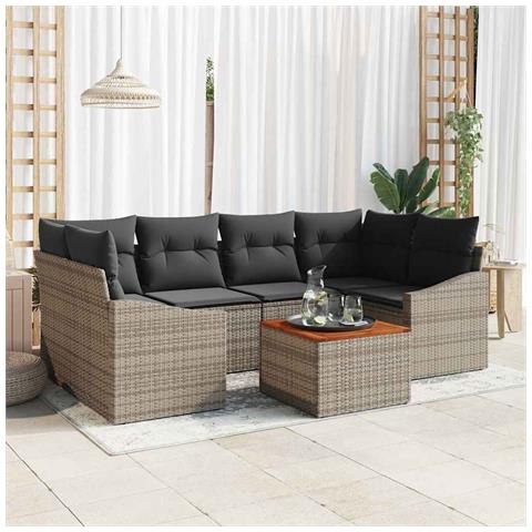 Set di Divani da Giardino di 7 Pezzi con Cuscini Grigio Polyrattan Acacia - Foto 2