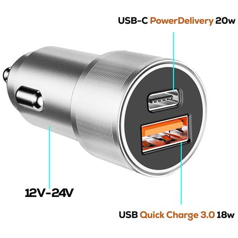 Caricatore Accendisigari 38w Usb-c + Usb Ricarica Rapida Led, Argento - Foto 2