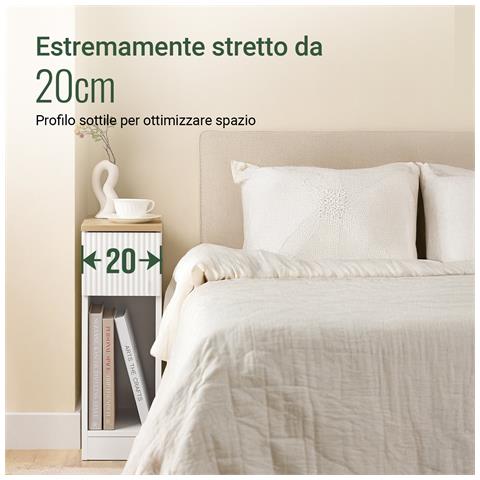 Tavolino Da Notte Stretto Di 20 Cm Di Larghezza Con Cassetto A Design Ondulato, Tavolino Stretto Per Divano, Tavoli Da Notte Per Camera Da Letto E Soggiorno, Colore Bianco E Legno 20 X 35 X 60 Cm Fbt111-w - Foto 2