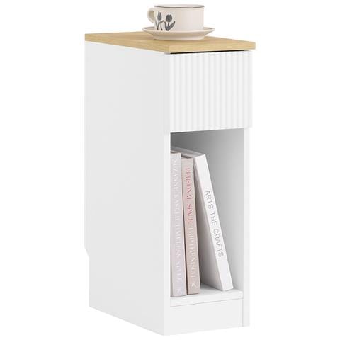 Tavolino Da Notte Stretto Di 20 Cm Di Larghezza Con Cassetto A Design Ondulato, Tavolino Stretto Per Divano, Tavoli Da Notte Per Camera Da Letto E Soggiorno, Colore Bianco E Legno 20 X 35 X 60 Cm Fbt111-w - Foto 1