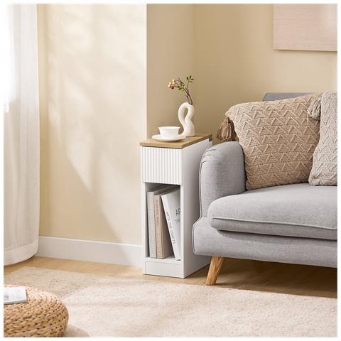 Tavolino Da Notte Stretto Di 20 Cm Di Larghezza Con Cassetto A Design Ondulato, Tavolino Stretto Per Divano, Tavoli Da Notte Per Camera Da Letto E Soggiorno, Colore Bianco E Legno 20 X 35 X 60 Cm Fbt111-w - Foto 8