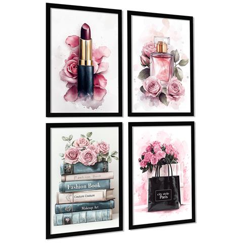 Set Di 4 Stampe Trucco Cosmetici Quadros Bellezza Fiori Borsa Profumo Rossetto Illustrazione Per Decorare Le Pareti Toilette Salone Cornice Nera A4 - Foto 1