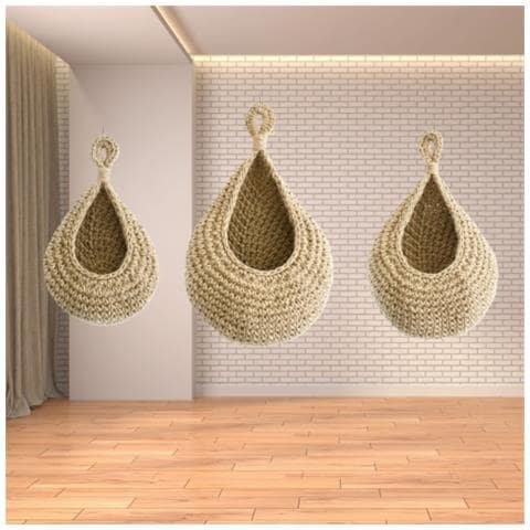 Cesto Appeso In Corda Di Cotone Intrecciata A Mano - Macramè Canapa - Set Da 3 Khaki - Foto 3