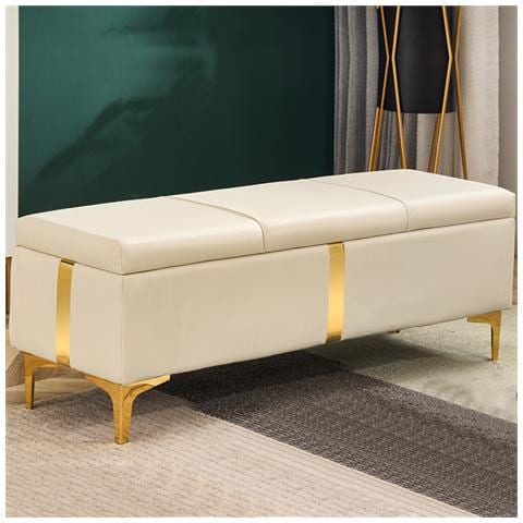 Cassapanca Contenitore Beige In Ecopelle Con Piedini In Metallo Oro Panca Pouf - Foto 1