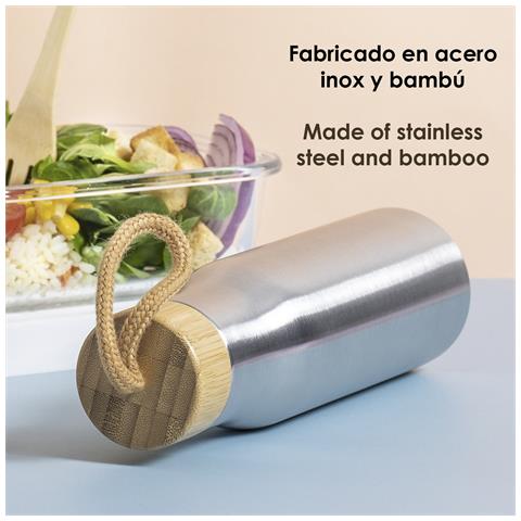 Dropun Bottiglia Nature 600ml. Corpo In Acciaio Inossidabile E Tappo In Bambù Con Cintura Di Trasporto. Senza Bpa. - Foto 2