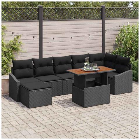 Set da pranzo da giardino 8 pezzi con cuscini in polirattan nero e acacia - Foto 2