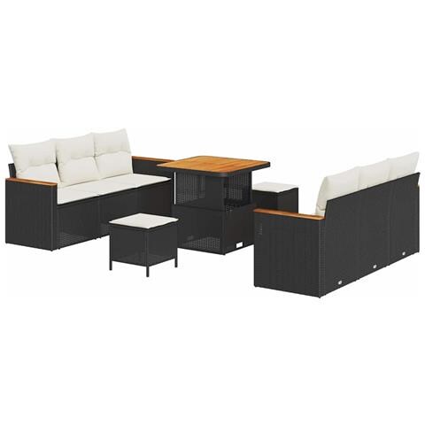 Set di divani da giardino  a 9 pezzi con cuscini in rattan polietilene color nero, Set da pranzo da giardino  a 3 pezzi con cuscini in rattan polietilene color nero - Foto 1