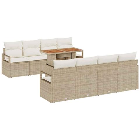 Set Divano da Giardino  9 Pezzi con Cuscini Beige Rattan Sintetico Acacia, Divano da Giardino  2 Posti con Cuscini Beige Rattan Sintetico - Foto 1