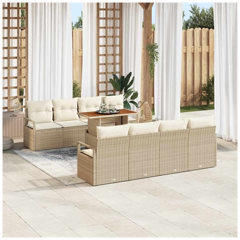 Set Divano da Giardino  9 Pezzi con Cuscini Beige Rattan Sintetico Acacia, Divano da Giardino  2 Posti con Cuscini Beige Rattan Sintetico - Foto 2