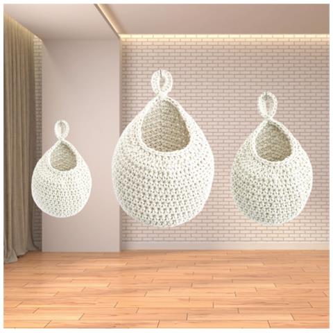 Cesto Appeso In Corda Di Cotone Intrecciata A Mano - Macramè Canapa - Set Da 3 Beige - Foto 3