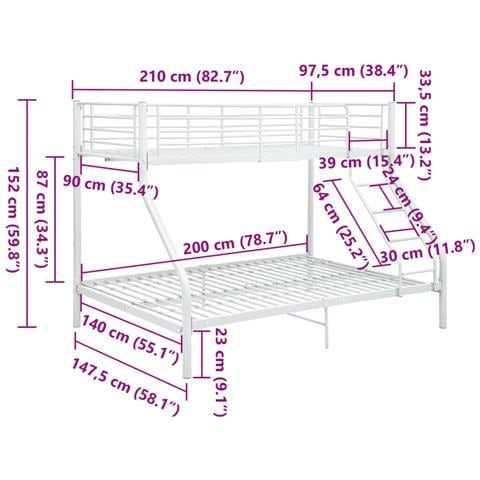 Letto A Castello Bianco In Metallo 140x200 Cm / 90x200 Cm - Foto 2