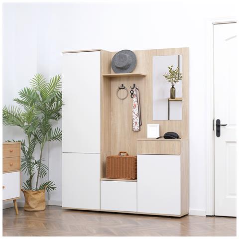 Mobile Da Ingresso 4 In 1 In Truciolato Con Specchio, Ganci E Ripiani Regolabili Interni, 145x29x184 Cm - Foto 2